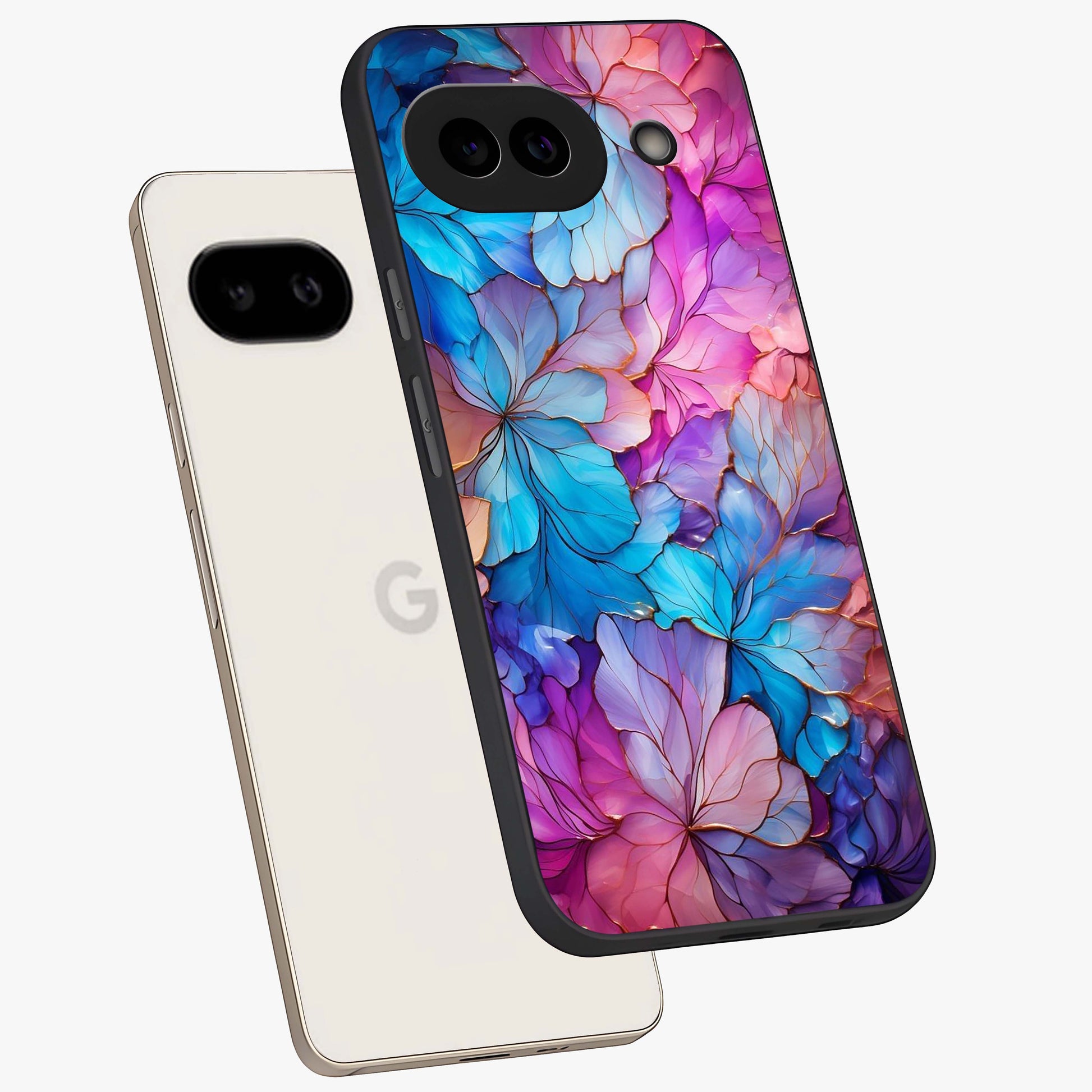 Radiant Floral Whirl Glass Case displayed in angled mockup highlighting vibrant flower pattern with dynamic artistic aesthetic.