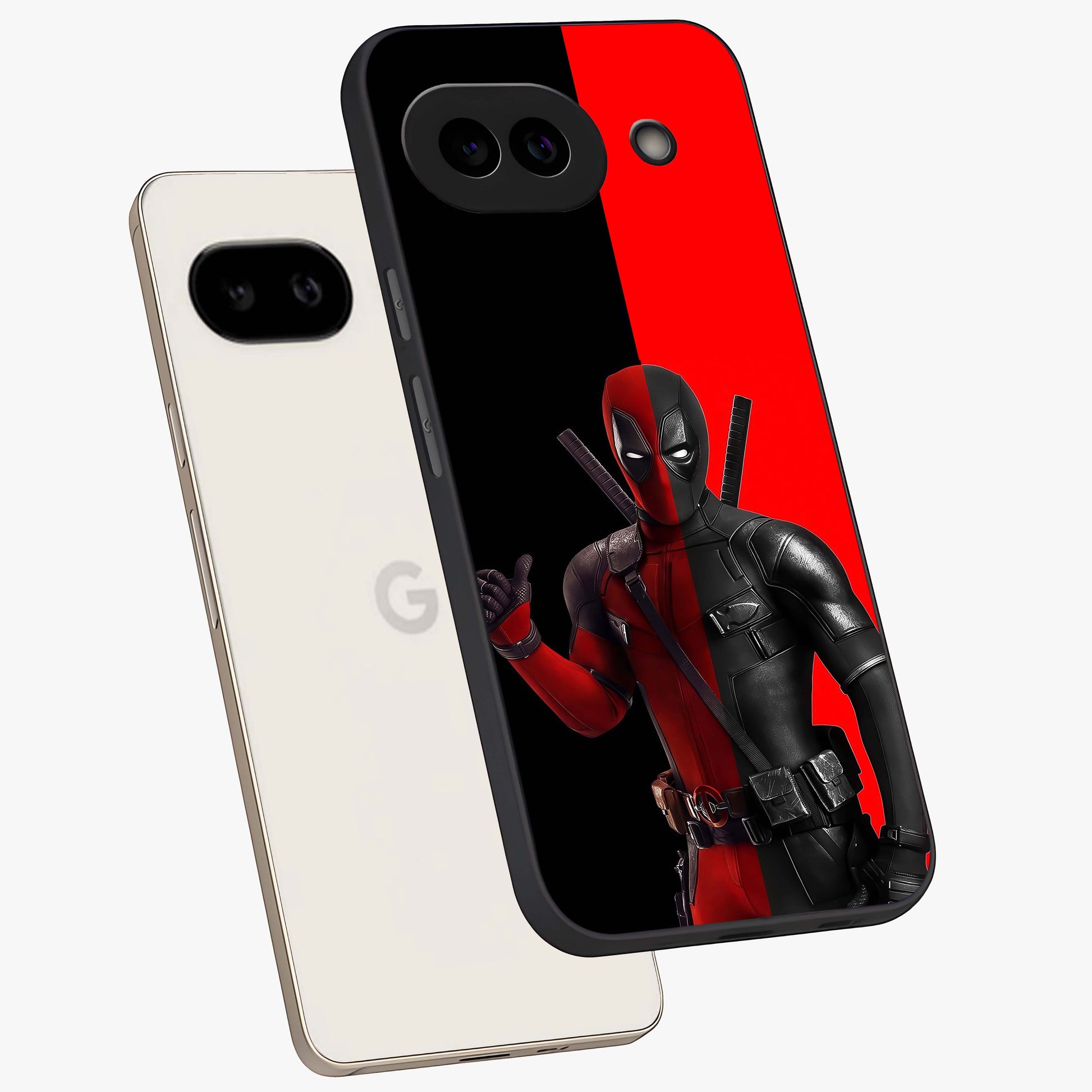 Red & Black Deadpool Theme Glass Case displayed in angled mockup highlighting vibrant superhero style illustration with action aesthetic.