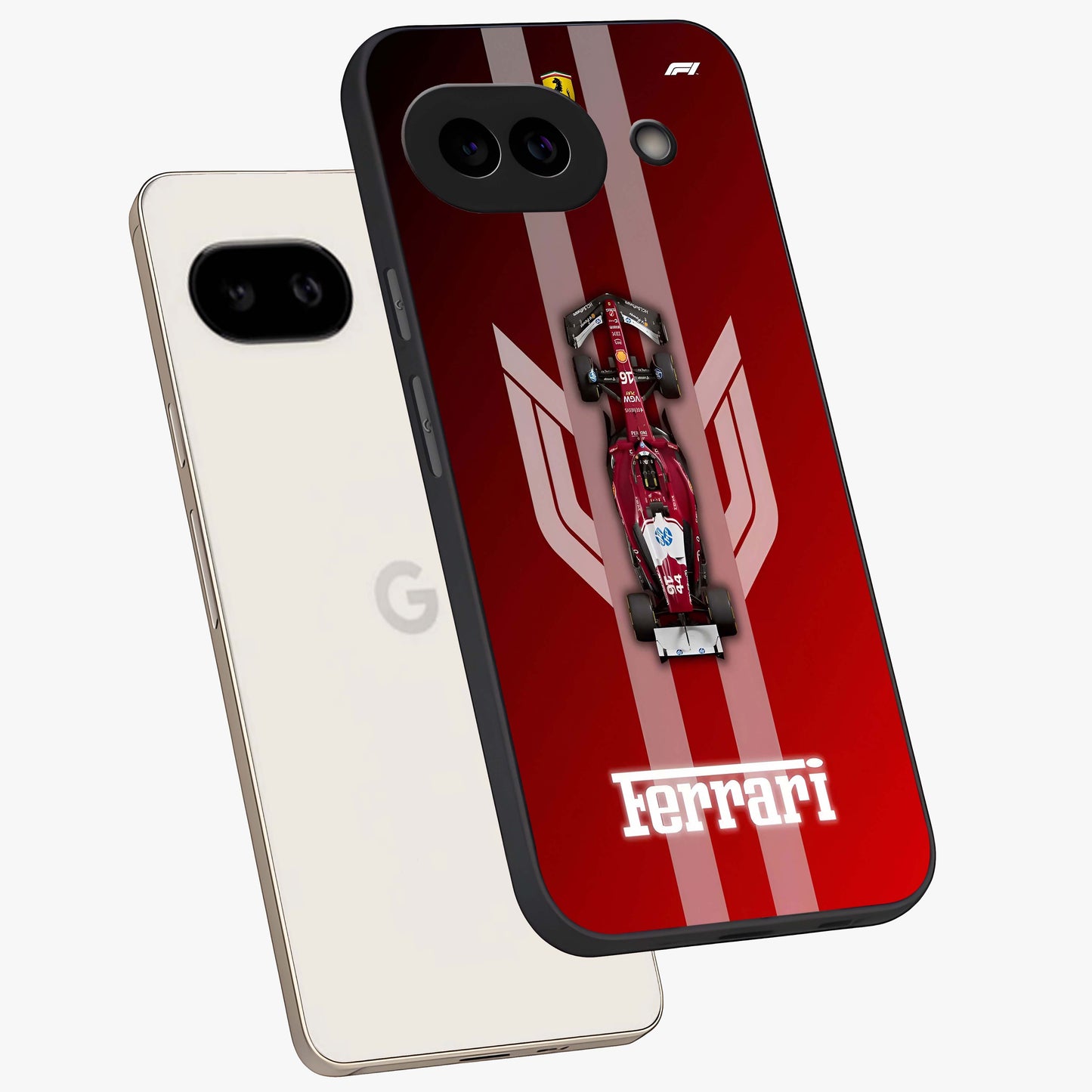 Red Ferrari F1 Vertical Glass Case displayed in angled mockup highlighting high speed racing design with bold automotive aesthetic.