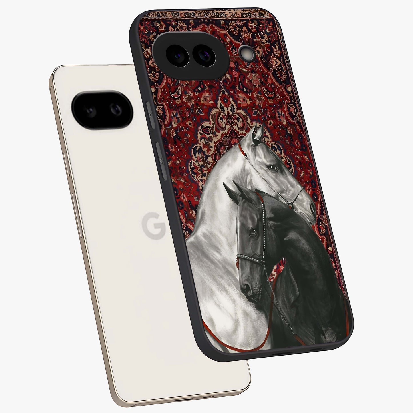 Regal Stallion Tapestry Glass Case displayed in angled mockup highlighting royal stallion design with decorative heritage aesthetic.