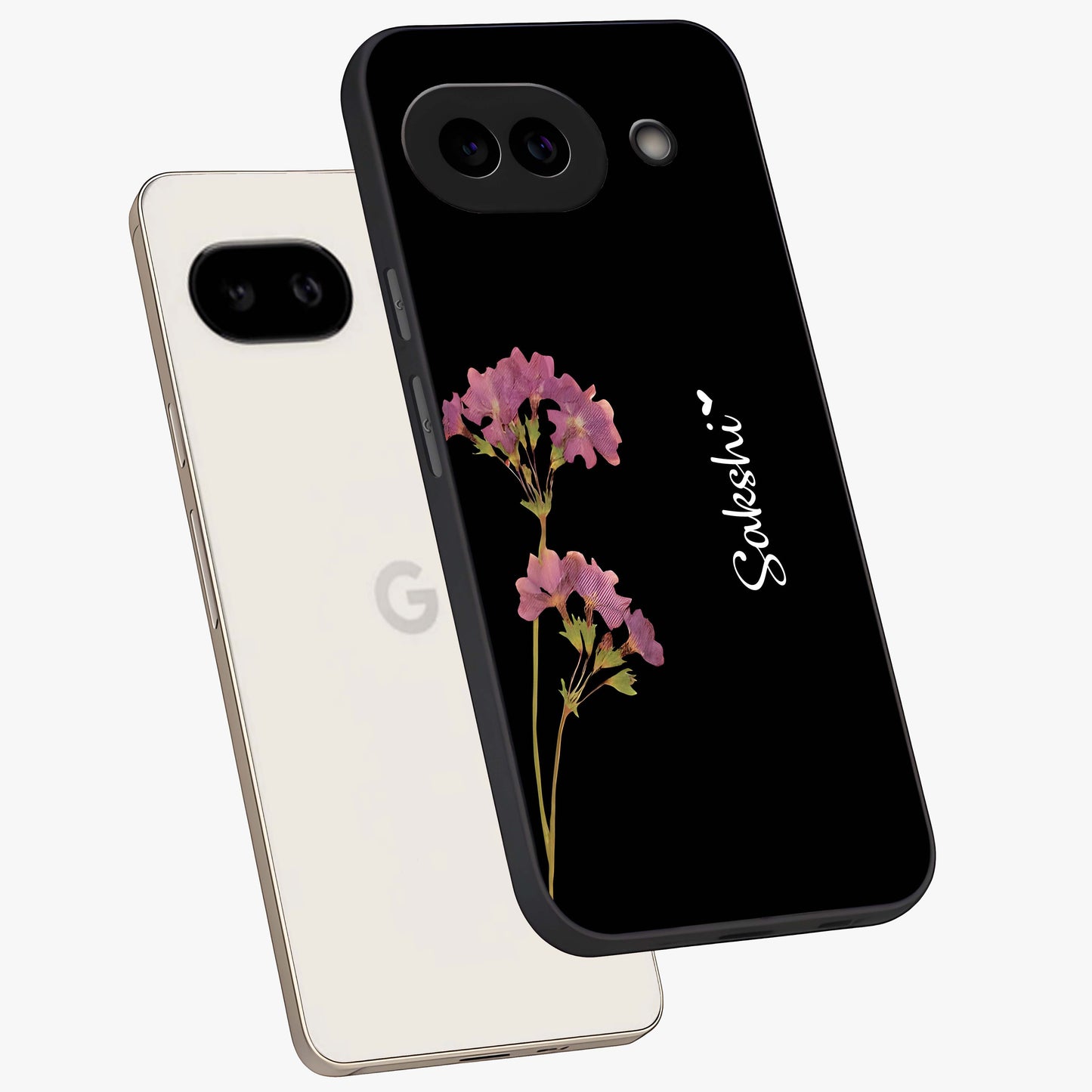Riching Lavender Flower Custom Name Glass Case displayed in angled mockup highlighting delicate lavender flower design with custom name feature.