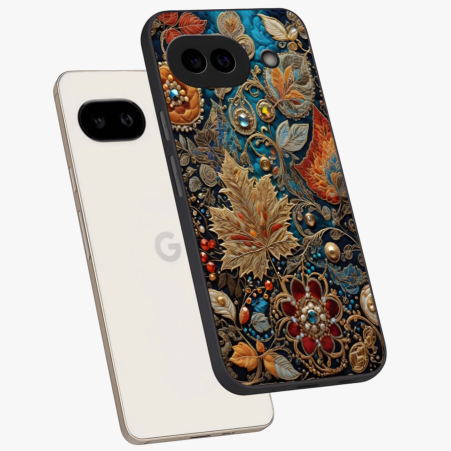 Royal Jewel Garden Glass Case displayed in angled mockup highlighting vibrant jewel inspired floral design with elegant aesthetic.