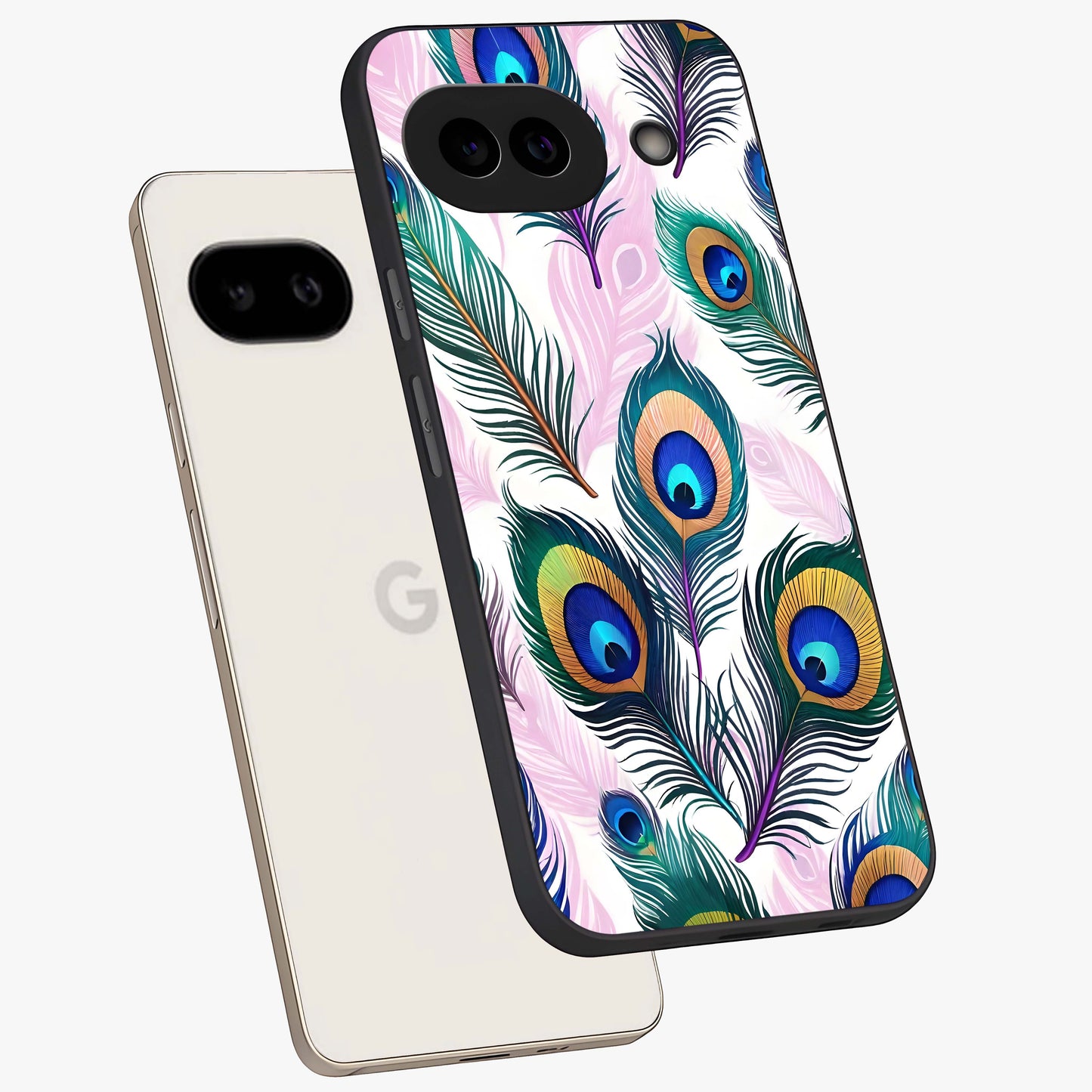 Royal Peacock Feathers Glass Case displayed in angled mockup highlighting vibrant feather pattern with regal aesthetic style.