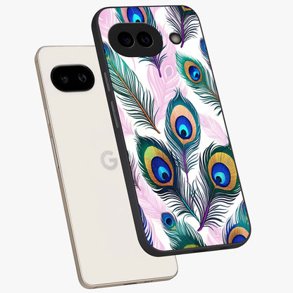 Royal Peacock Feathers Glass Case displayed in angled mockup highlighting vibrant feather pattern with regal aesthetic style.