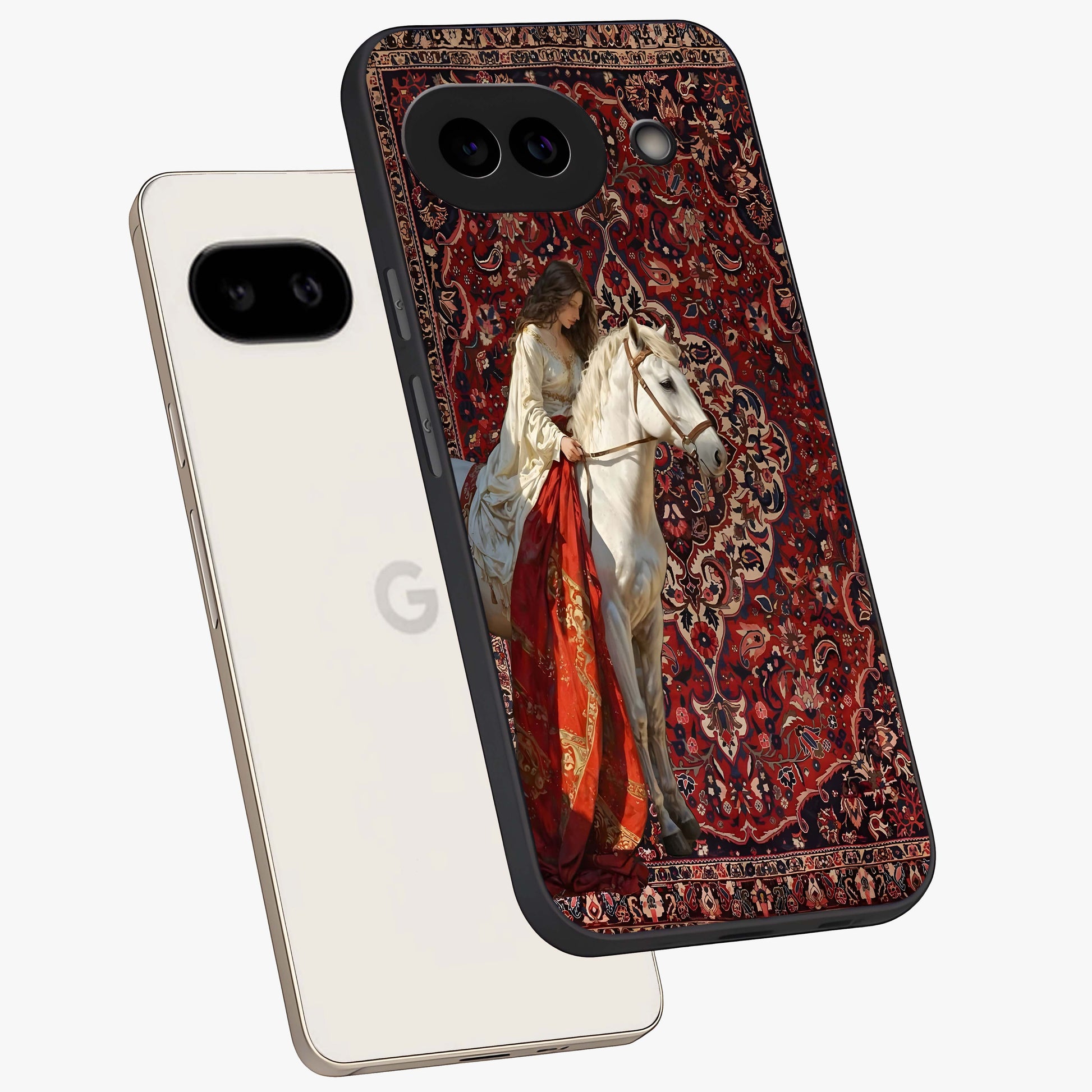 Royal Rider Tapestry Glass Case displayed in angled mockup highlighting traditional tapestry design with royal heritage aesthetic.
