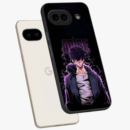 Shadow Monarch Awakening Glass Case displayed in angled mockup highlighting dramatic shadow warrior design with fantasy aesthetic.