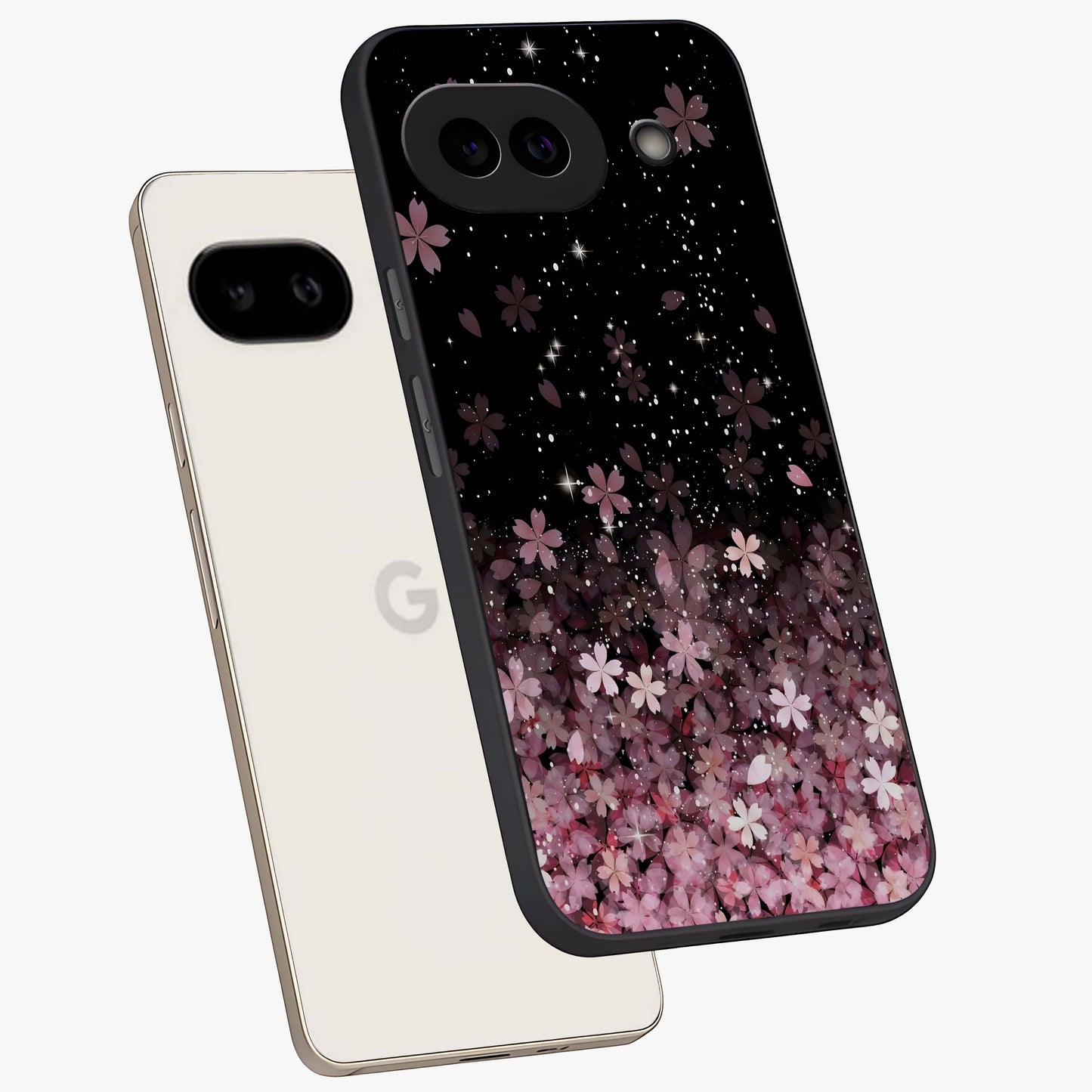 Small Starry Flowers Glass Case displayed in angled mockup highlighting tiny flower pattern with celestial aesthetic style.