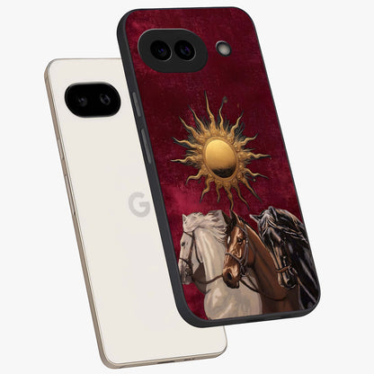 Solar Riders Glass Case displayed in angled mockup highlighting powerful rider illustration with radiant solar aesthetic.