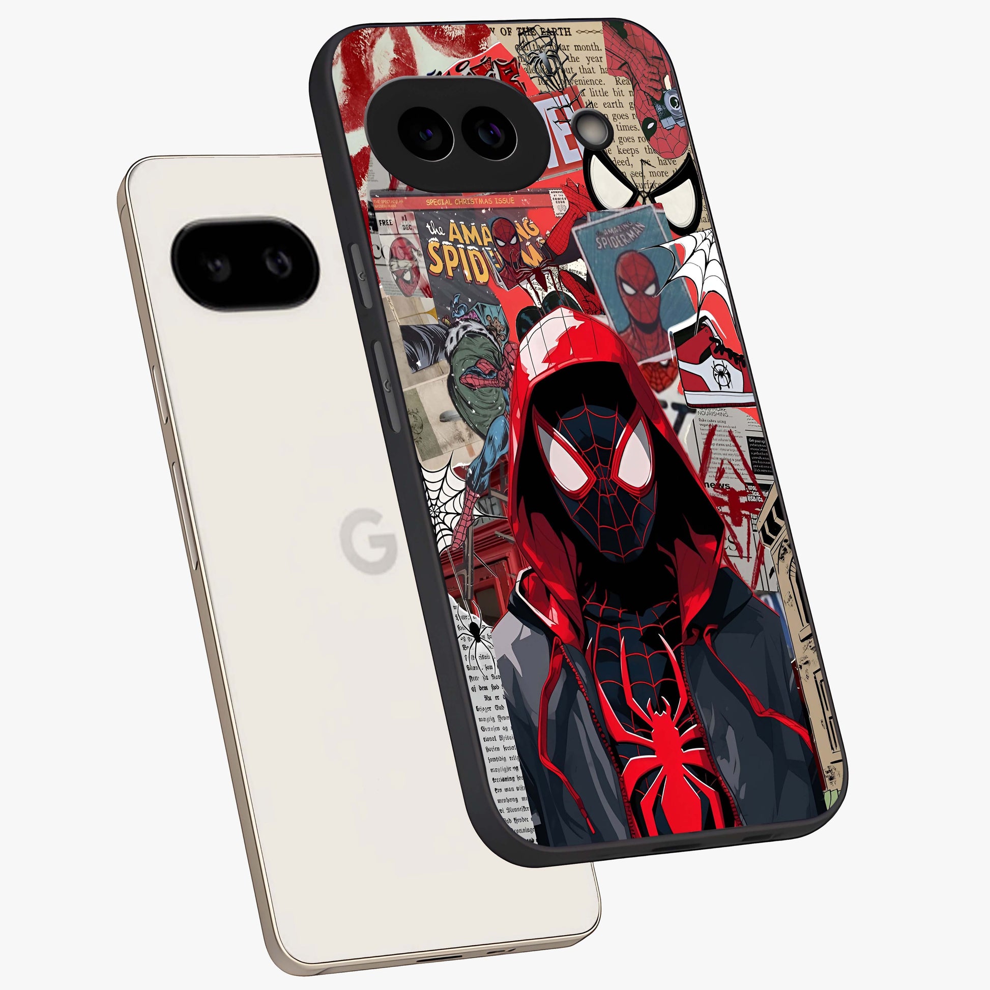 Spider Collage Street Glass Case displayed in angled mockup highlighting dynamic street style collage design with comic aesthetic.