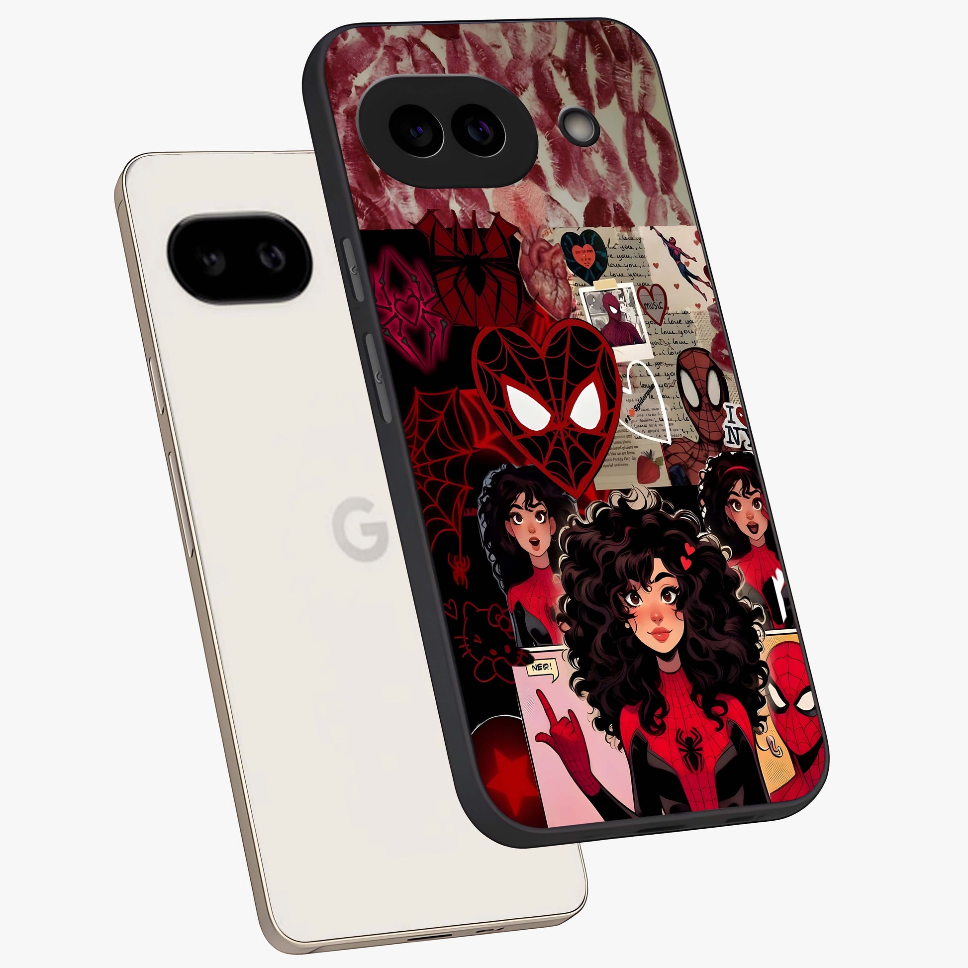 Spider Love Story Glass Case displayed in angled mockup highlighting expressive comic inspired design with playful aesthetic.