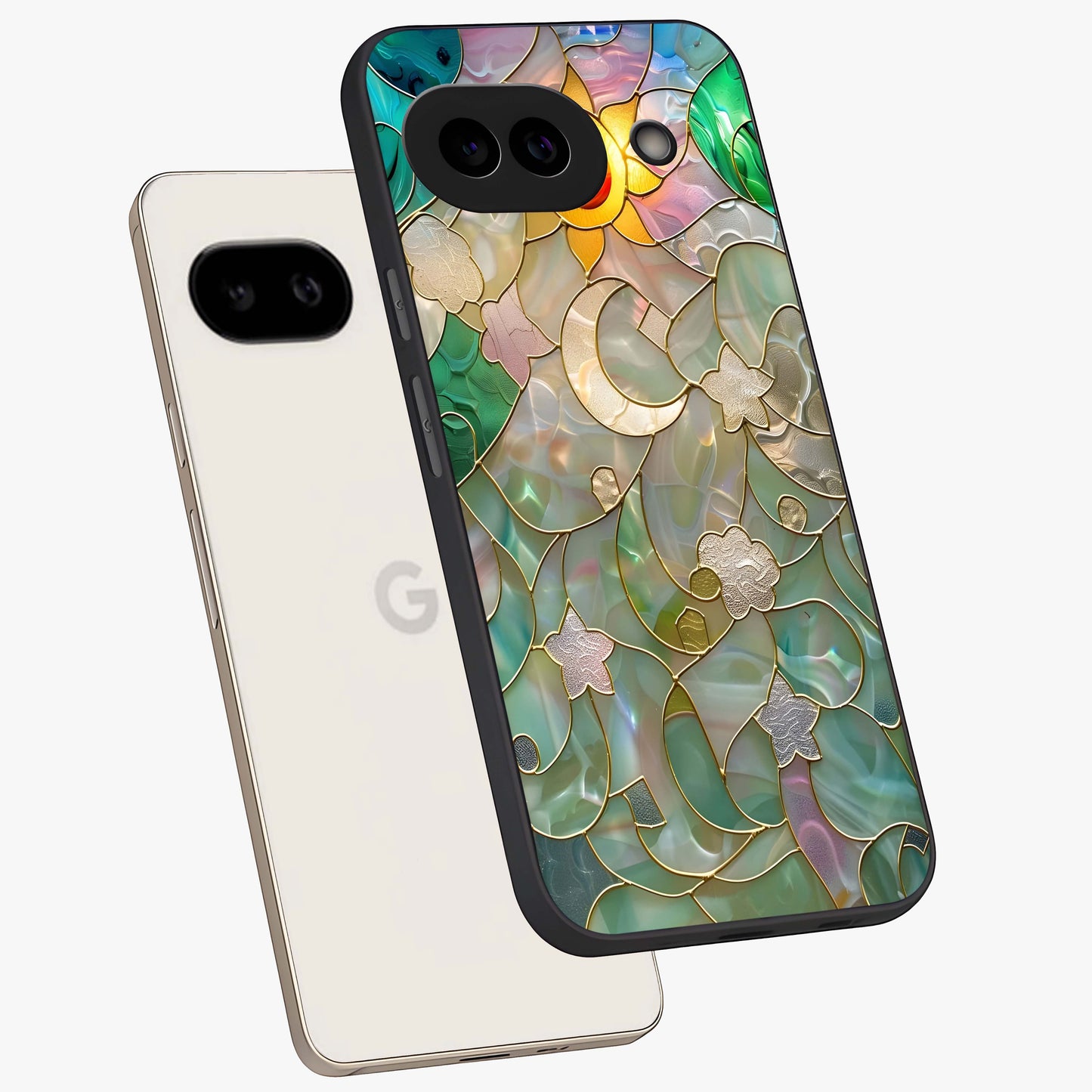Stained Sunrise Glow Glass Case displayed in angled mockup highlighting radiant sunrise design with artistic aesthetic style.