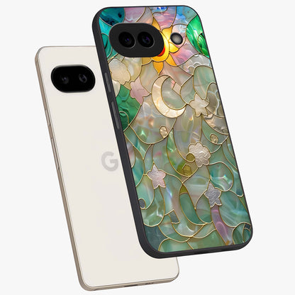 Stained Sunrise Glow Glass Case displayed in angled mockup highlighting radiant sunrise design with artistic aesthetic style.
