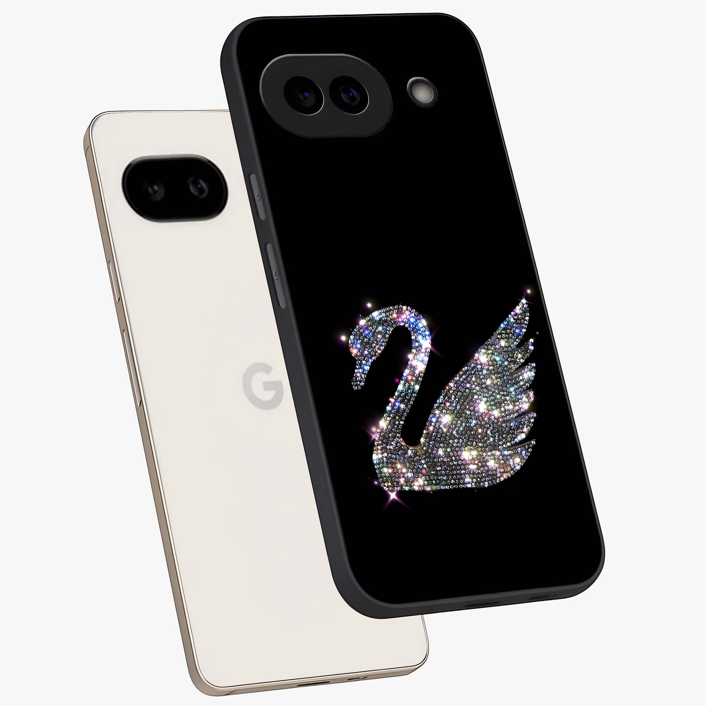 Starlit Swan Grace Glass Case displayed in angled mockup highlighting elegant swan illustration with dreamy celestial aesthetic.