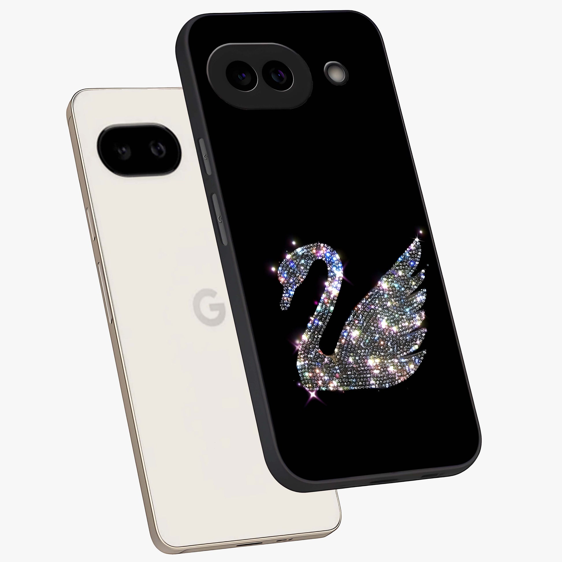 Starlit Swan Grace Glass Case displayed in angled mockup highlighting elegant swan illustration with dreamy celestial aesthetic.