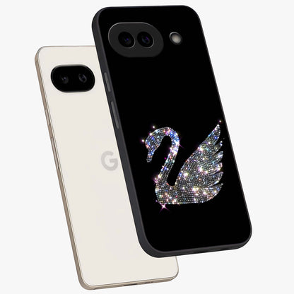Starlit Swan Grace Glass Case displayed in angled mockup highlighting elegant swan illustration with dreamy celestial aesthetic.