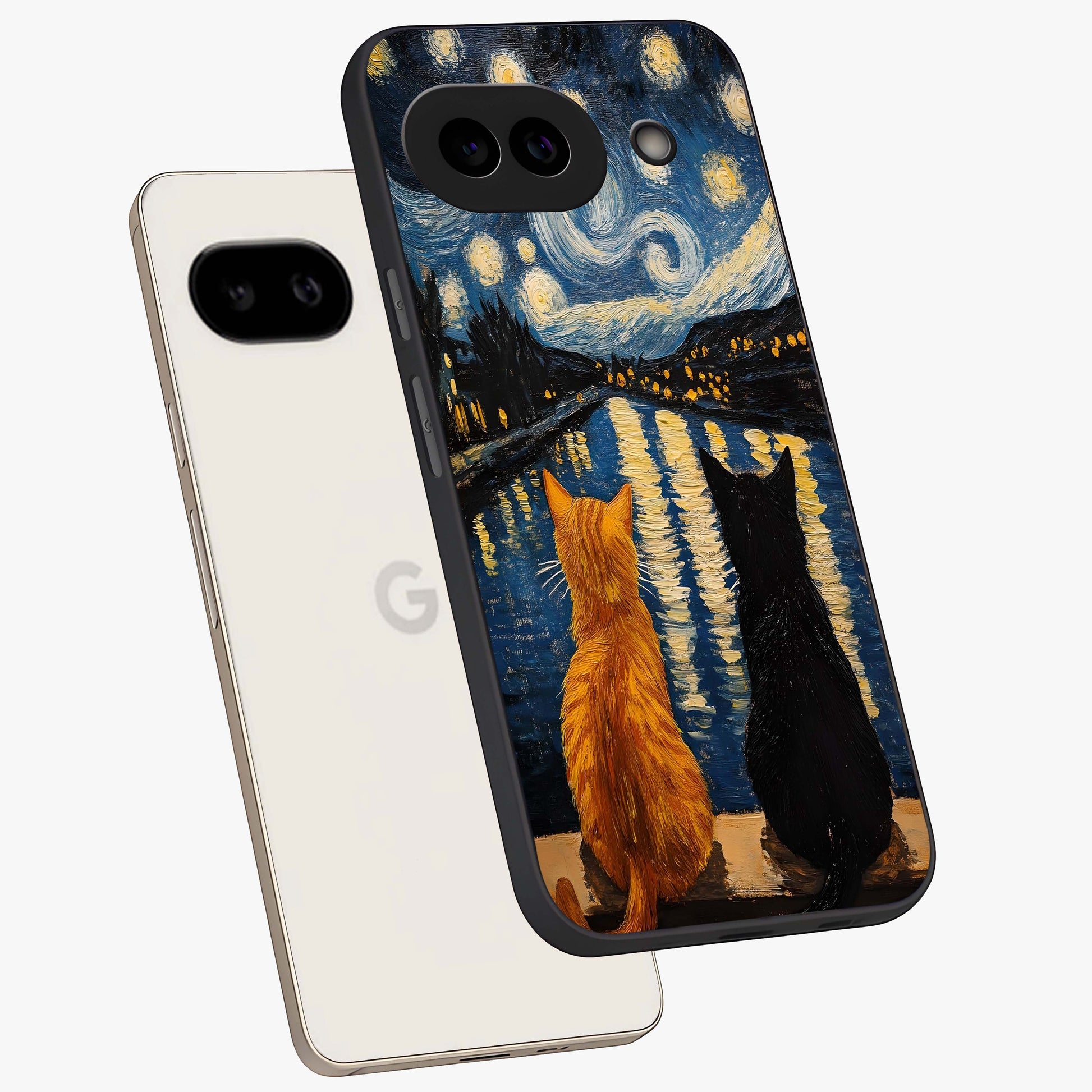 Starry River Cats Glass Case displayed in angled mockup highlighting charming feline illustration with dreamy night aesthetic.