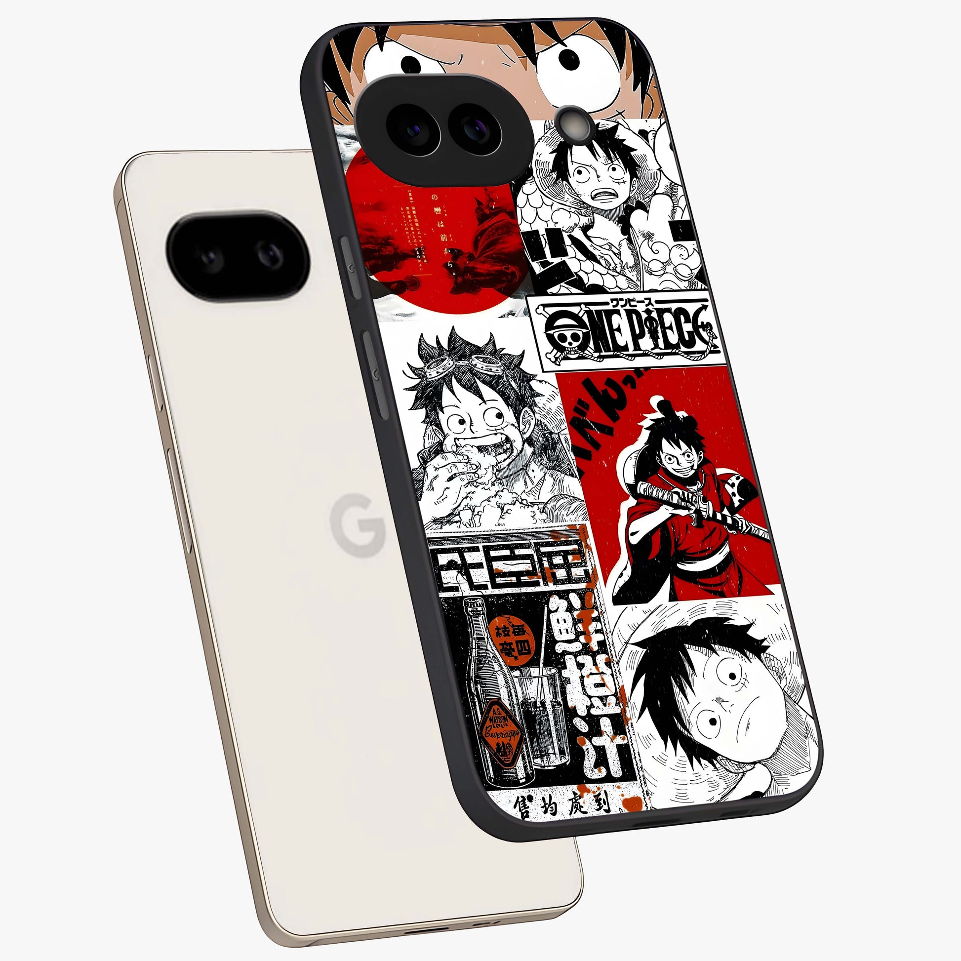 Strawhat Chaos Panels Glass Case displayed in angled mockup highlighting vibrant anime collage design with action aesthetic.