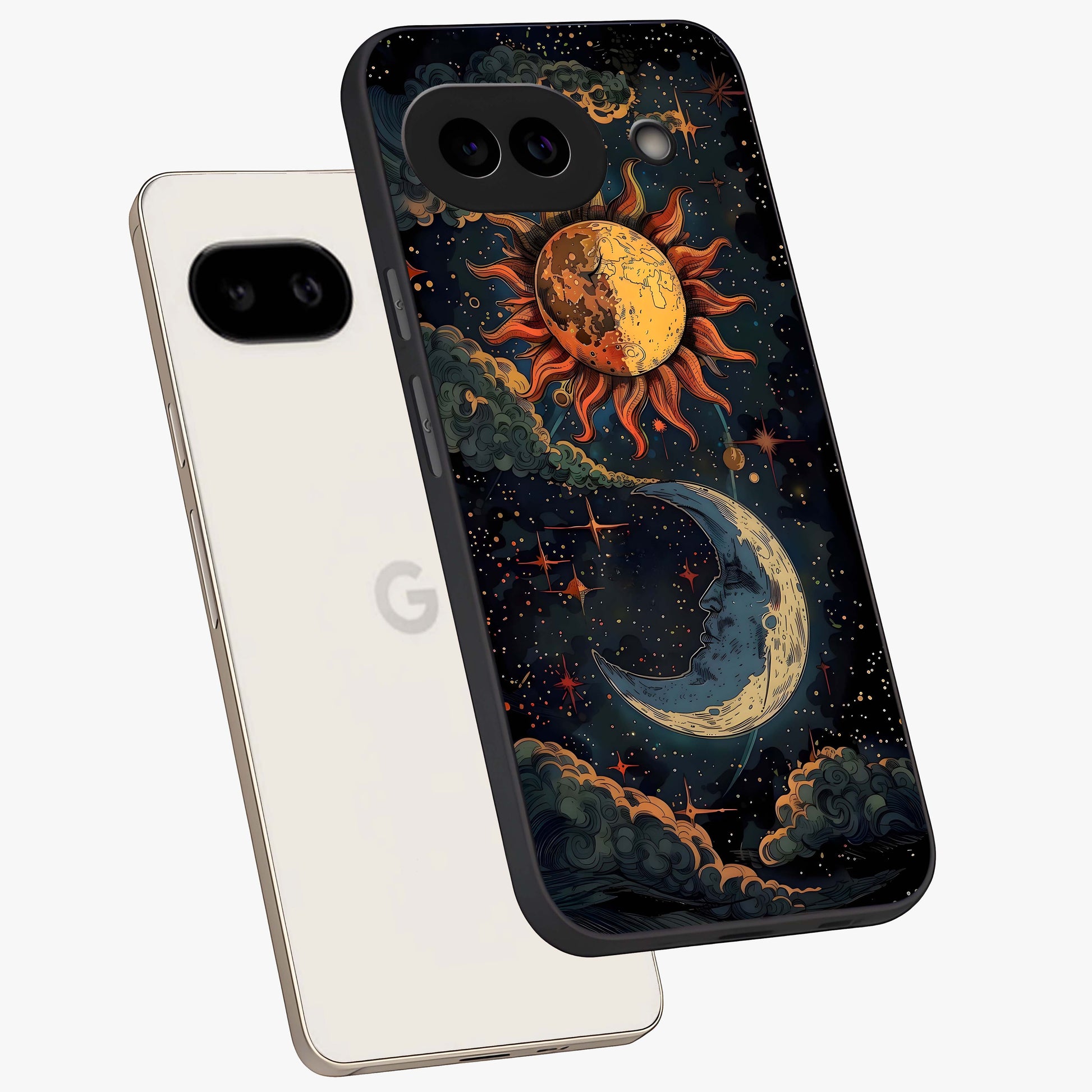 Sun And Moon Magic Design Glass Case displayed in angled mockup highlighting celestial design with magical cosmic aesthetic.