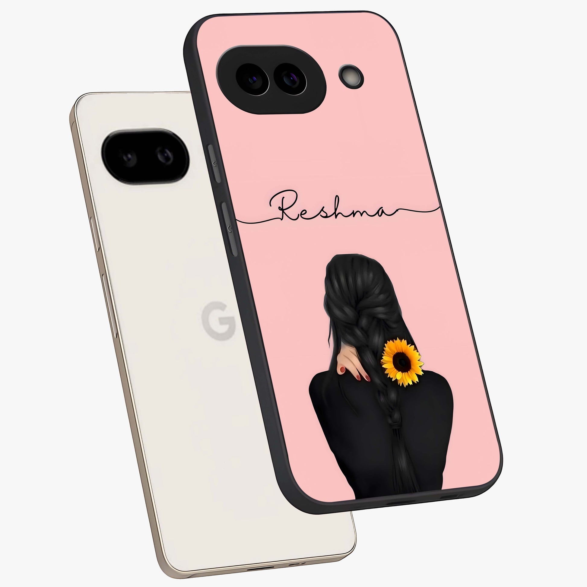 Sunflower Braid Beauty With Custom Name Glass Case displayed in angled mockup highlighting elegant sunflower design with custom name feature.