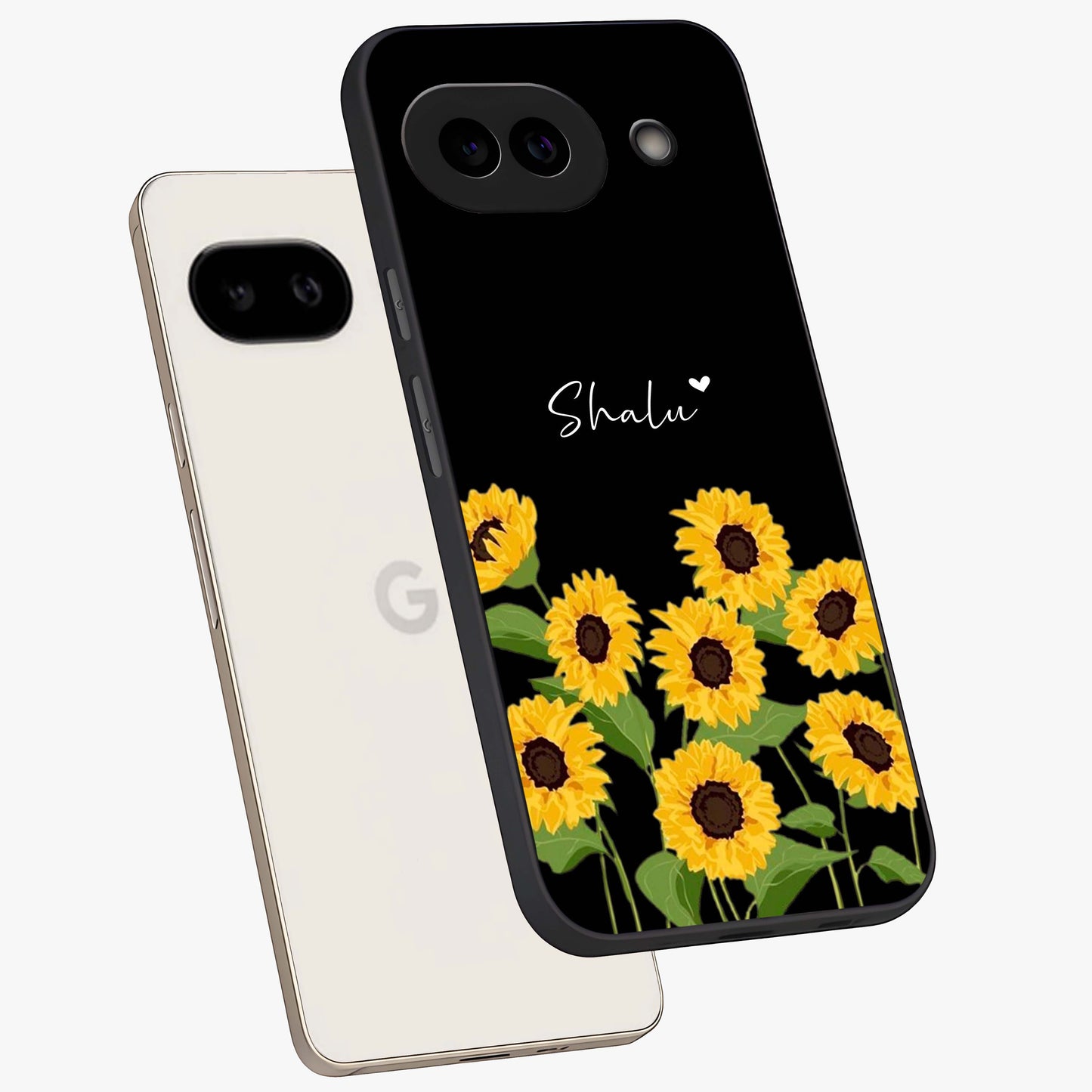 Sunflower Chic Mood Custom Name Glass Case displayed in angled mockup highlighting vibrant sunflower design with custom name feature.