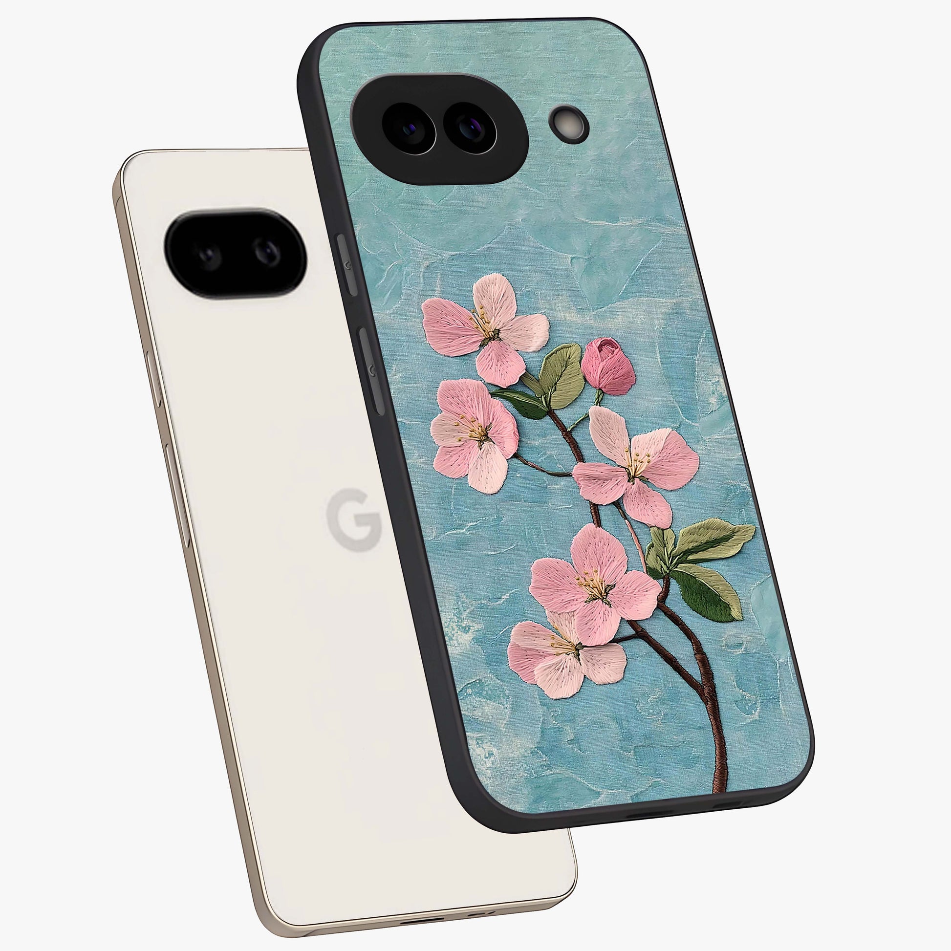 Threaded Blossom Breeze Glass Case displayed in angled mockup highlighting elegant floral design with soft aesthetic style.