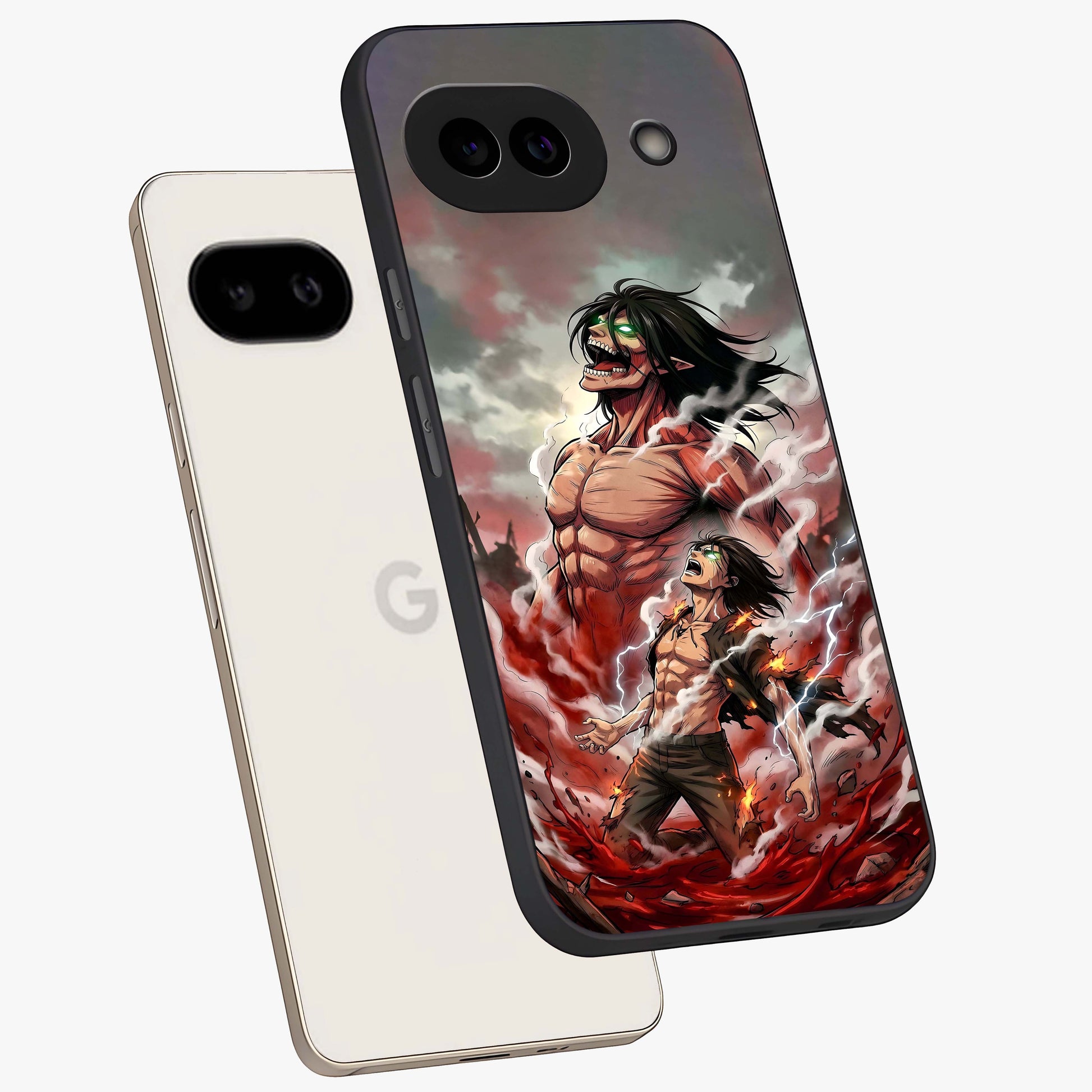 Titan Awakening Fury Glass Case displayed in angled mockup highlighting dramatic giant warrior design with bold anime aesthetic.