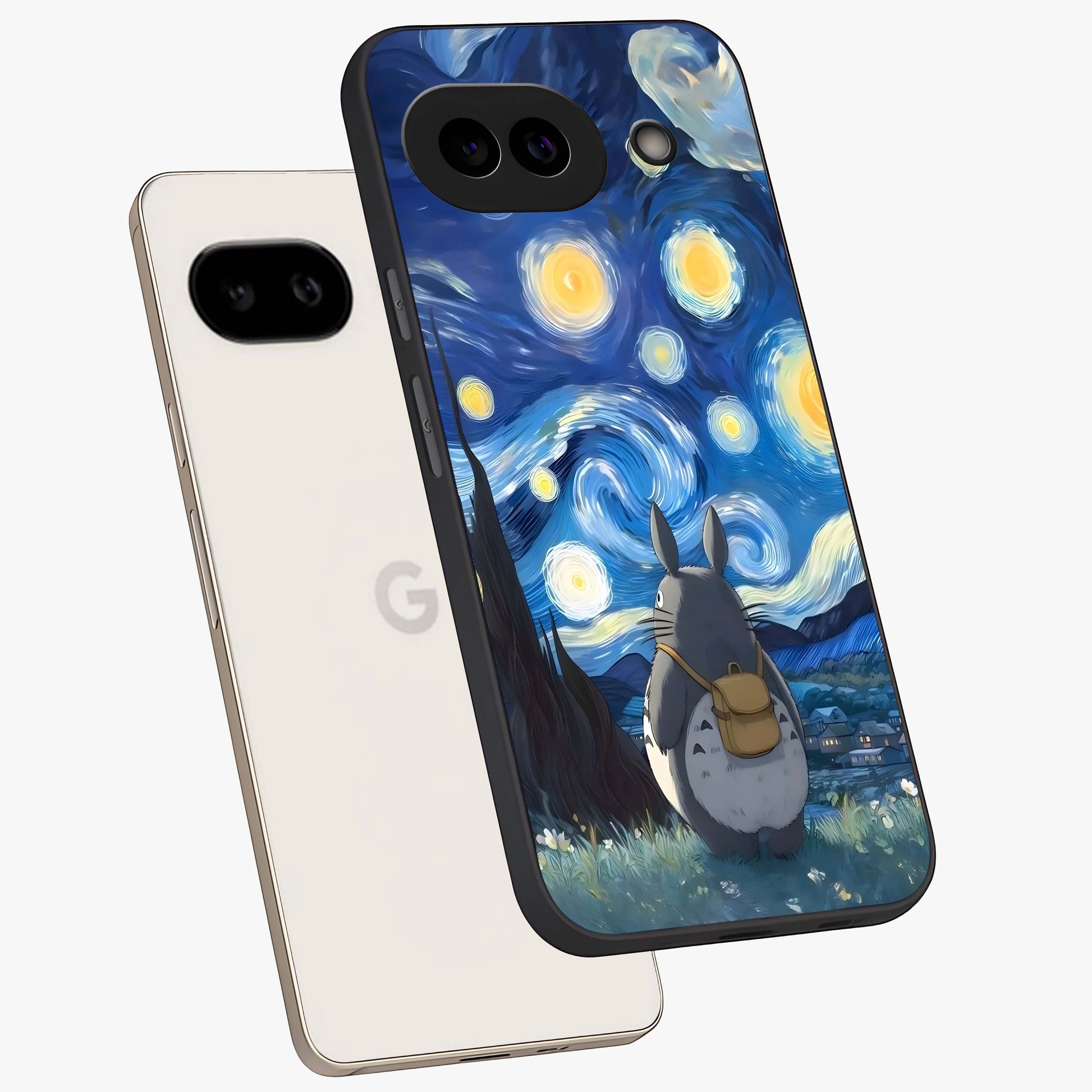 Totoro In Van Gogh Art Glass Case displayed in angled mockup highlighting artistic swirling sky design with playful animation aesthetic.
