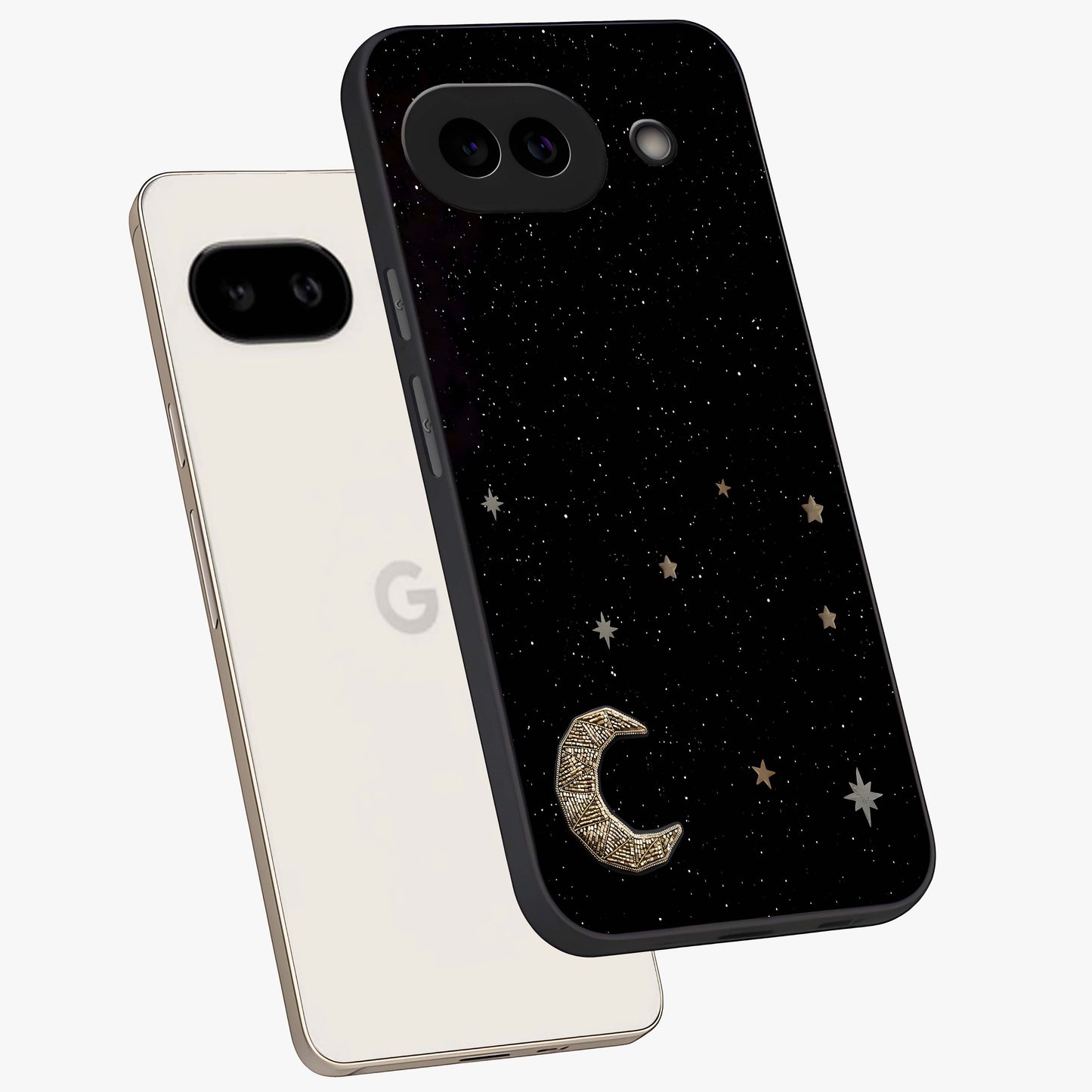 Twinkle Star With Half Moon Glass Case displayed in angled mockup highlighting celestial moon and star design with magical aesthetic.
