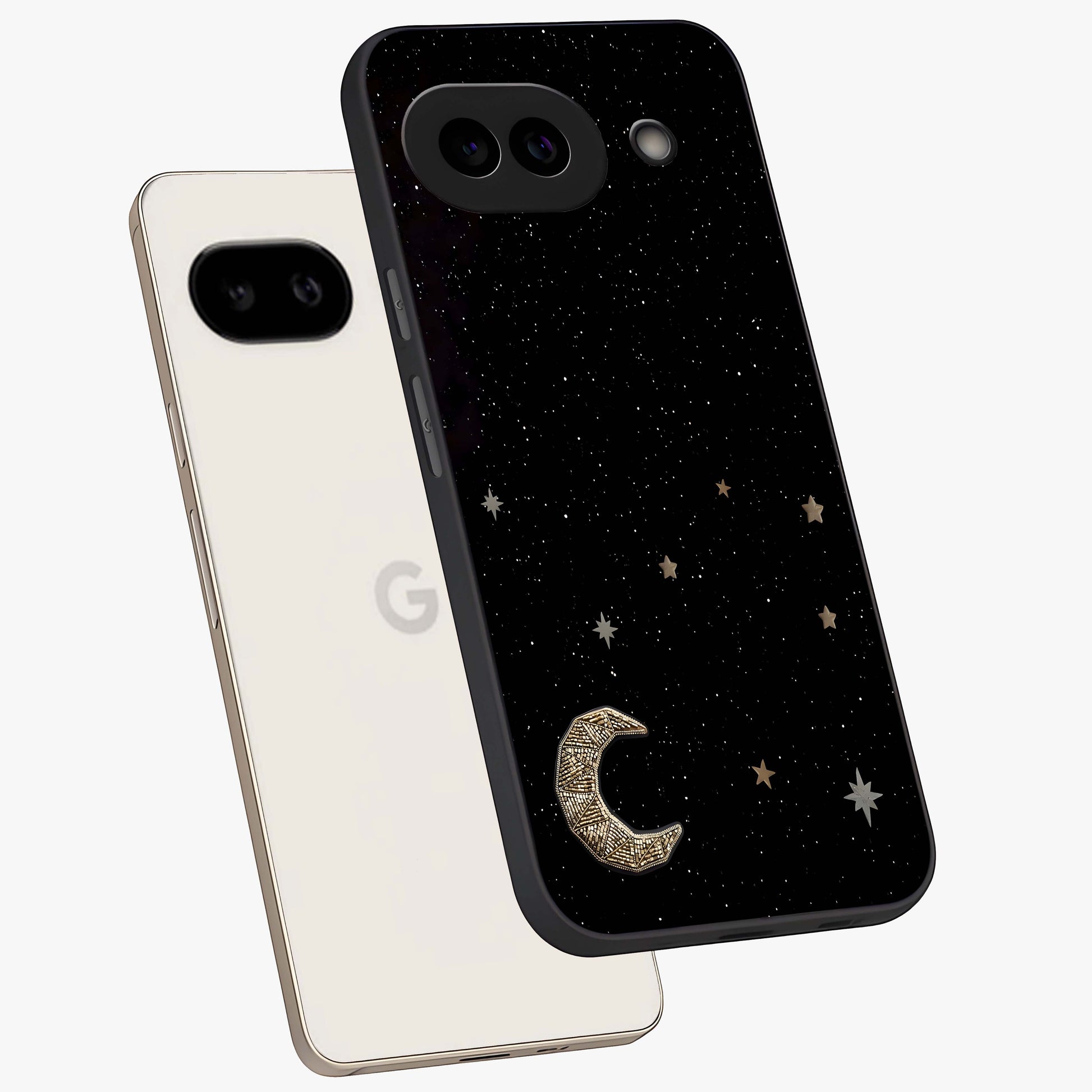 Twinkle Star With Half Moon Glass Case displayed in angled mockup highlighting celestial moon and star design with magical aesthetic.