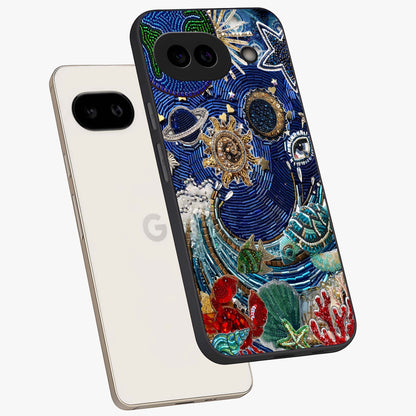 Universe Underwater Spark Glass Case displayed in angled mockup highlighting glowing aquatic design with celestial aesthetic.