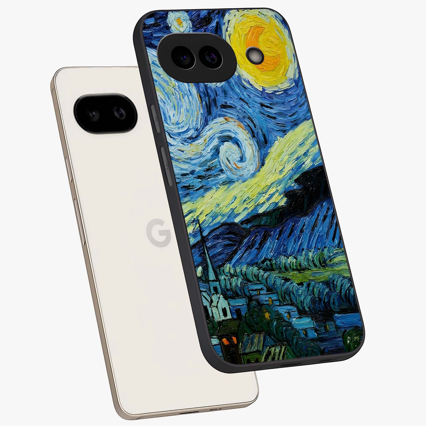 Van Gogh Art Glass Case displayed in angled mockup highlighting swirling brushstroke design with artistic aesthetic.