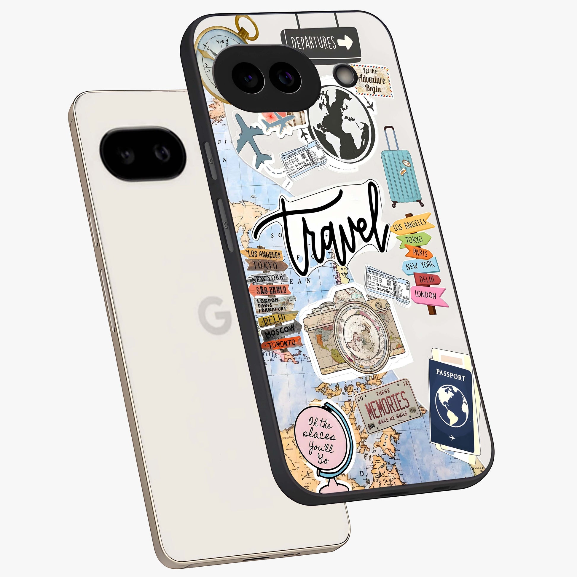 Wanderlust Journal Glass Case displayed in angled mockup highlighting adventure themed design with aesthetic travel vibe.