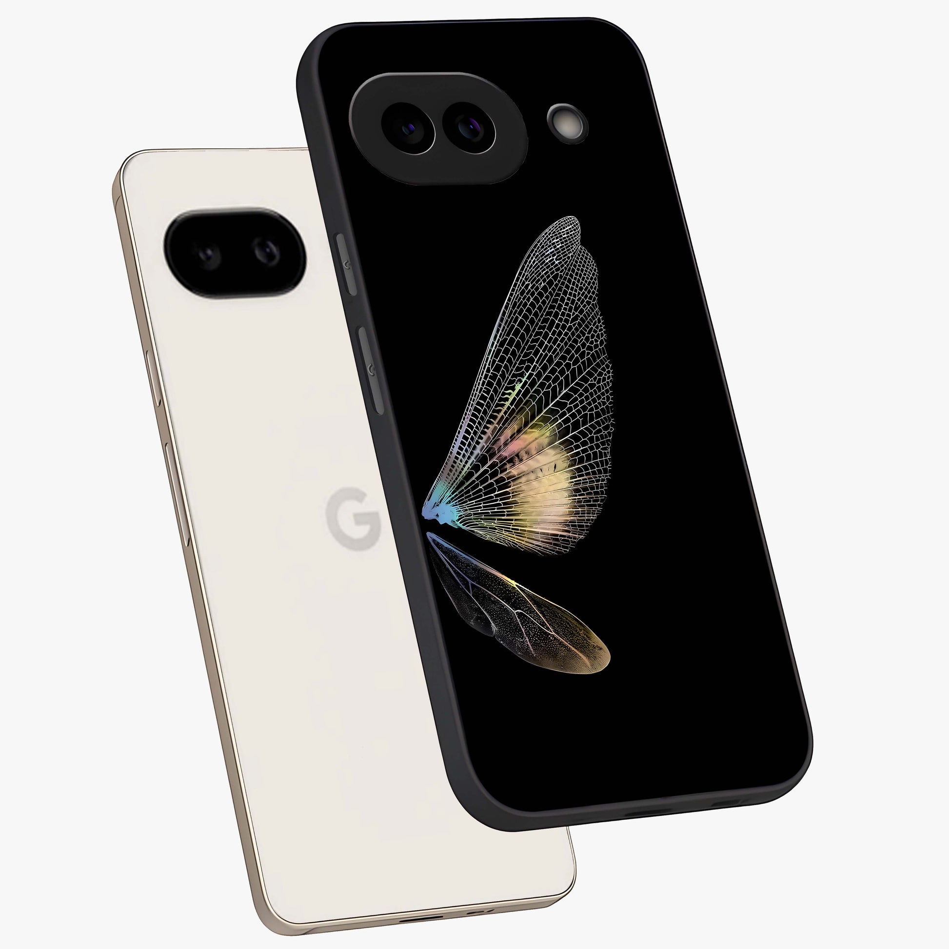 Whispers Of Wings Glass Case displayed in angled mockup highlighting soft feather design with celestial aesthetic style.
