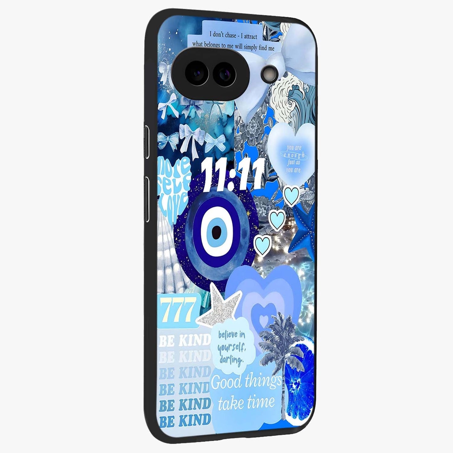 Aesthetic Be Kind Eye Glass Case upright view showcasing stylish eye illustration with positive message theme.