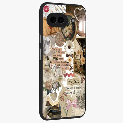 Aesthetic Brown Vintage Collage Glass Case upright view showcasing nostalgic retro artwork with stylish vintage theme.