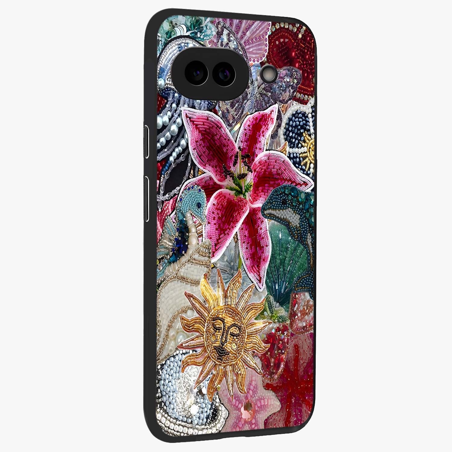 Beaded Garden Fantasy Glass Case upright view showcasing whimsical garden aesthetic with artistic bead details.