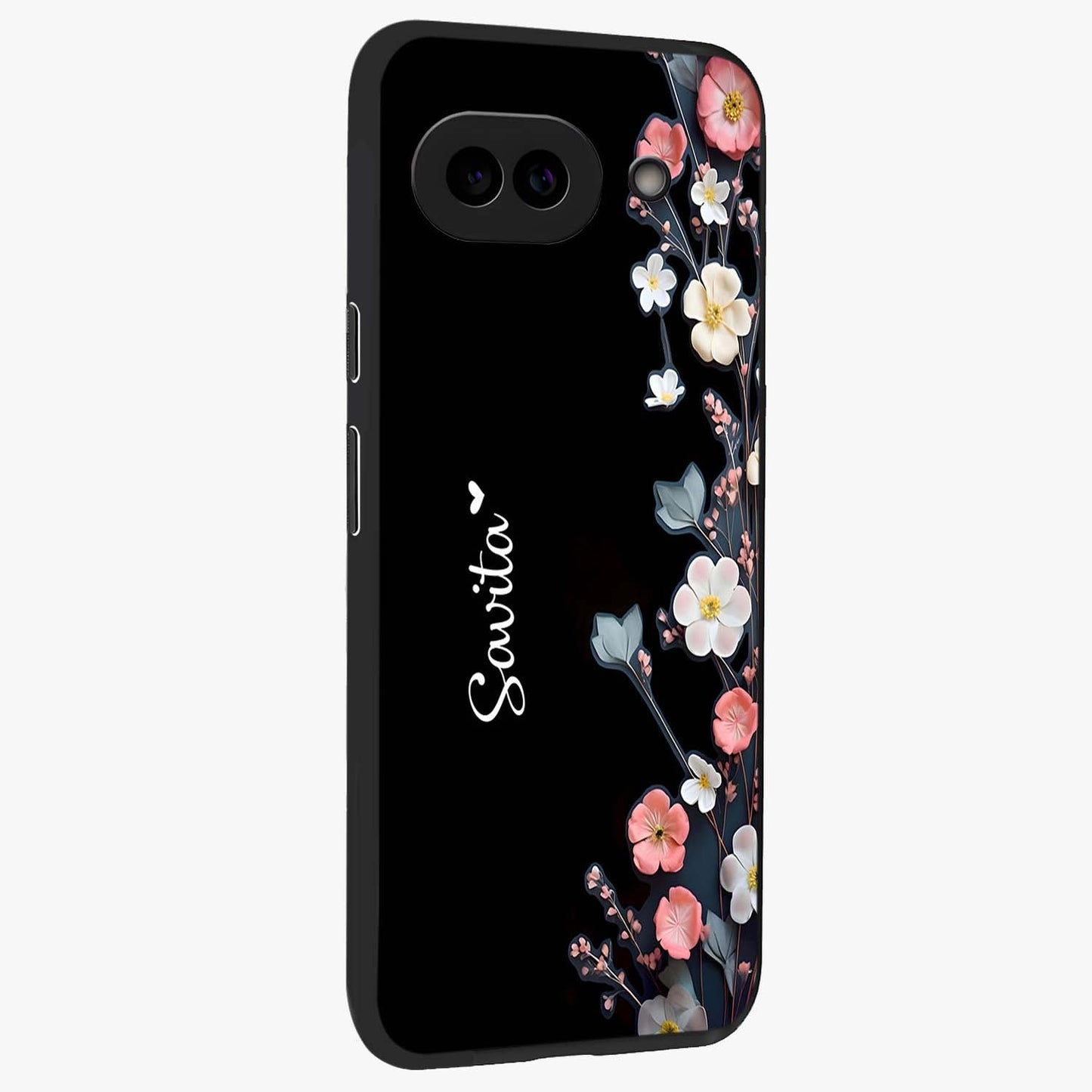 Black Elegance Floral Custom Name Glass Case upright view showcasing luxurious black floral design with personalized name detail.