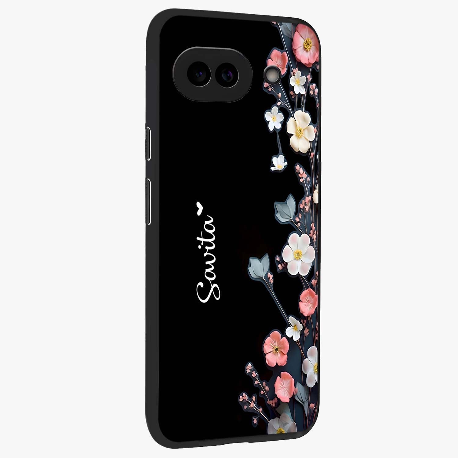 Black Elegance Floral Custom Name Glass Case upright view showcasing luxurious black floral design with personalized name detail.