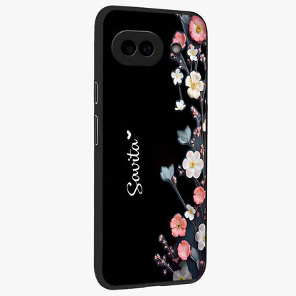 Black Elegance Floral Custom Name Glass Case upright view showcasing luxurious black floral design with personalized name detail.