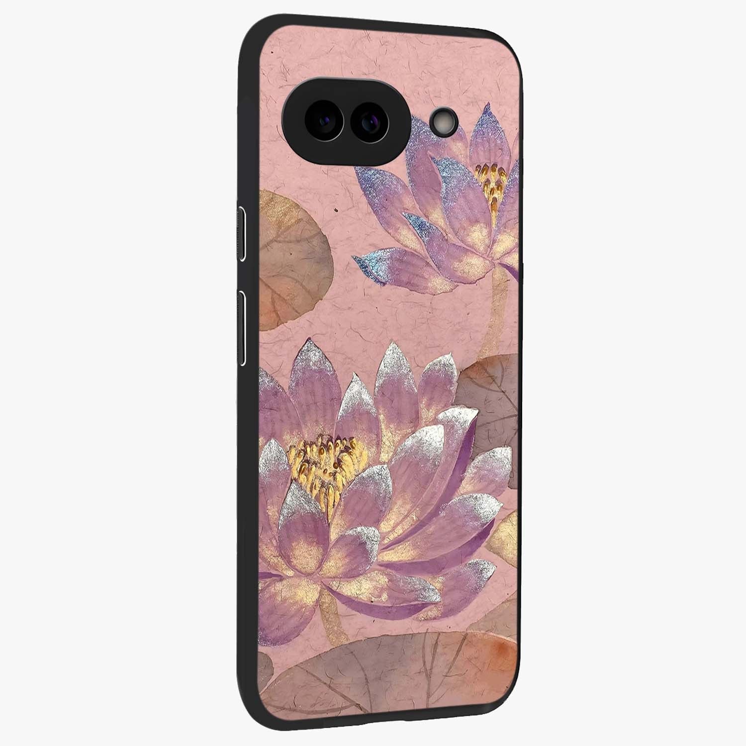 Blossom Mist Lotus Glass Case upright view showcasing graceful lotus flower design with peaceful botanical style.