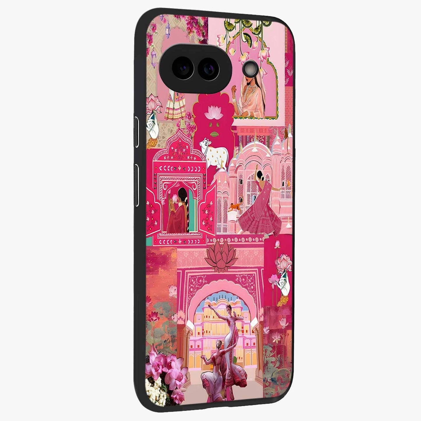 Blossoms of Rajasthan Glass Case upright view showcasing colorful floral design inspired by traditional Indian art.