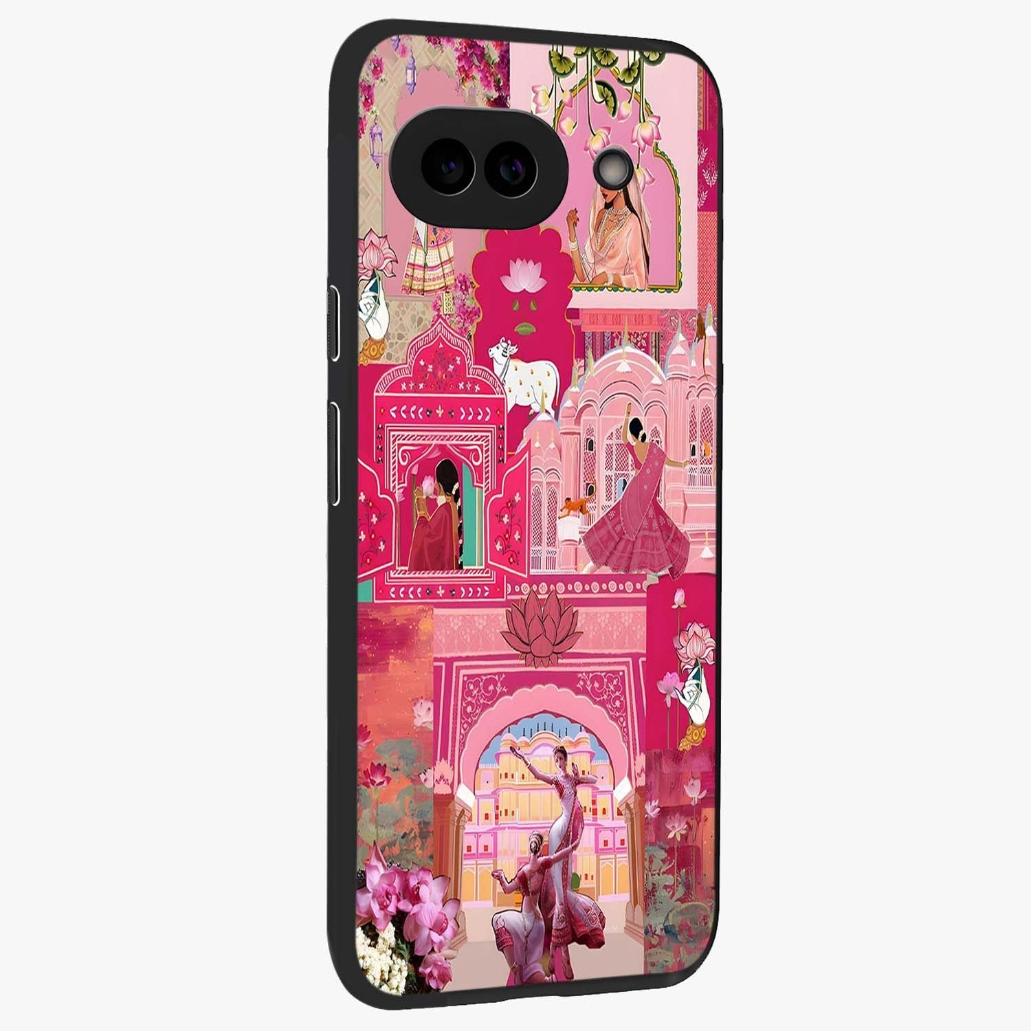 Blossoms of Rajasthan Glass Case upright view showcasing colorful floral design inspired by traditional Indian art.