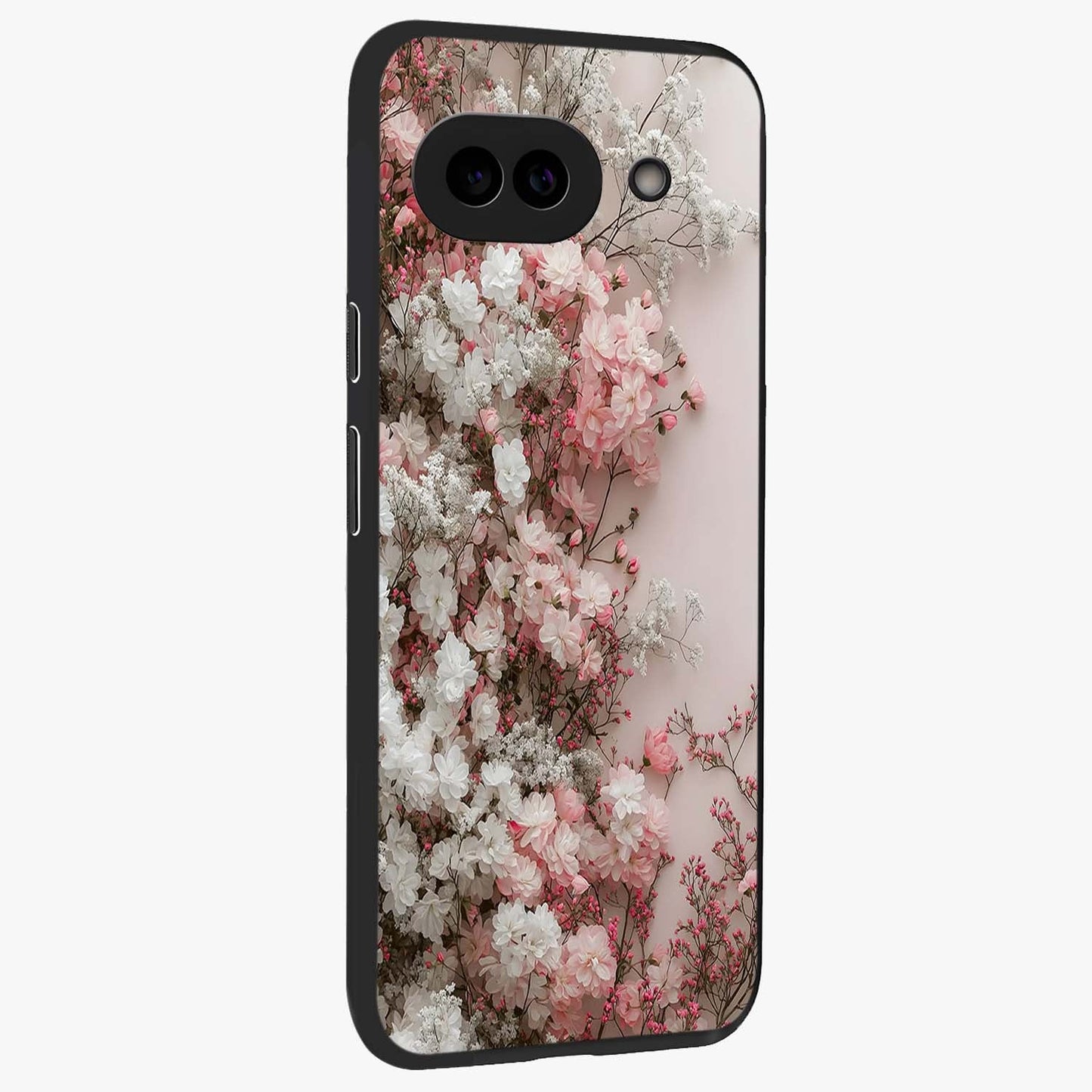 Blush Blossom Cloud Glass Case upright view showcasing calm floral cloud artwork with gentle dreamy theme.