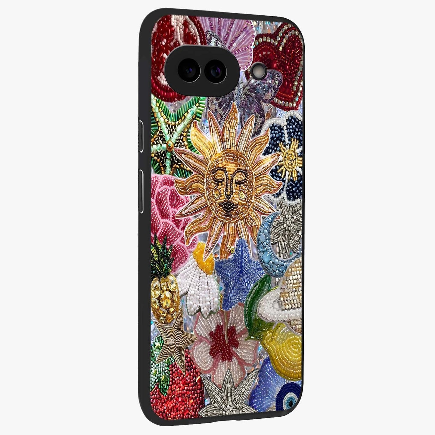 Celestial Floral and Playful Glass Case upright view showcasing whimsical floral artwork with cosmic aesthetic theme.