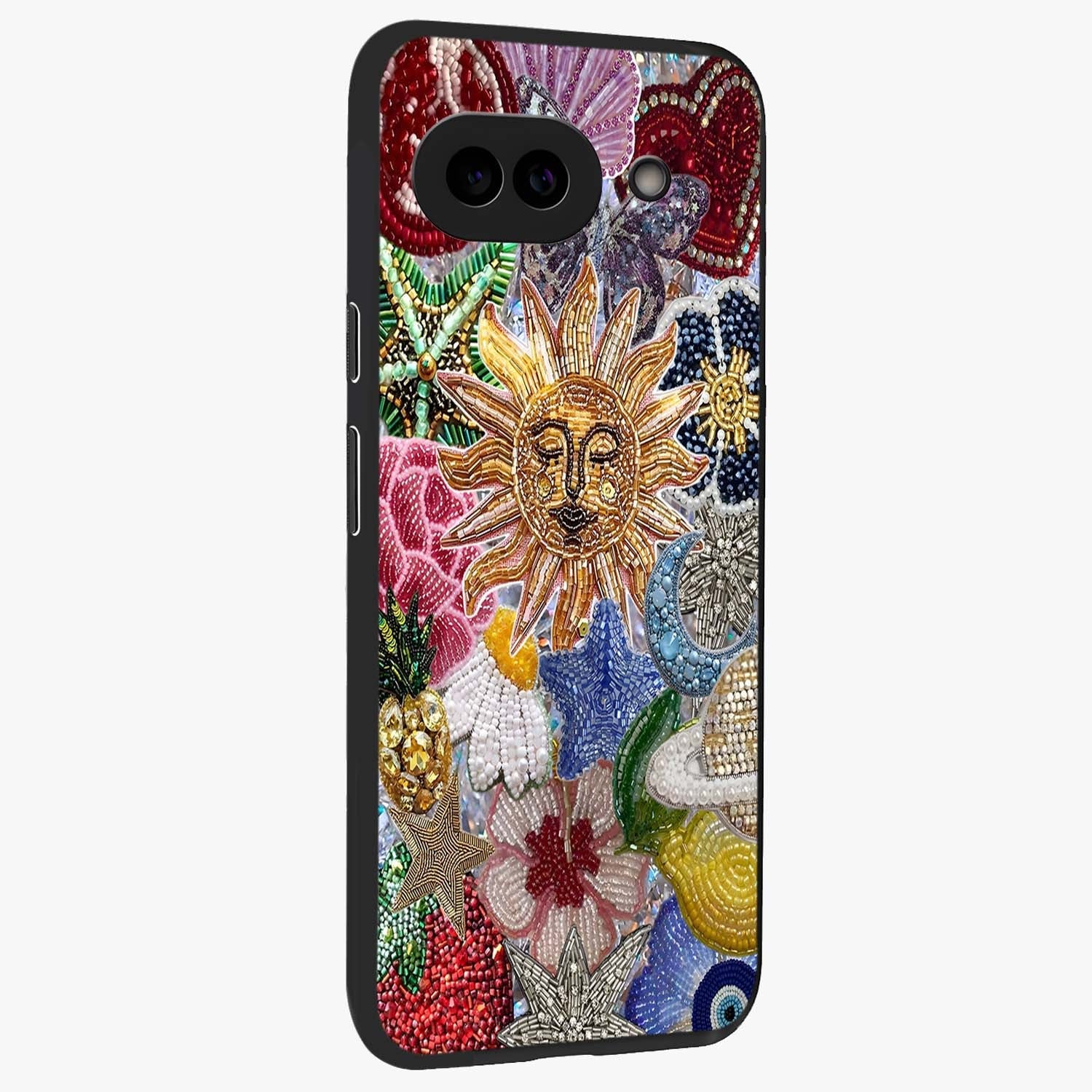 Celestial Floral and Playful Glass Case upright view showcasing whimsical floral artwork with cosmic aesthetic theme.