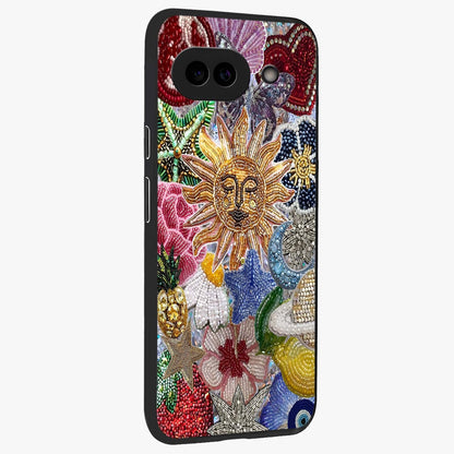 Celestial Floral and Playful Glass Case upright view showcasing whimsical floral artwork with cosmic aesthetic theme.
