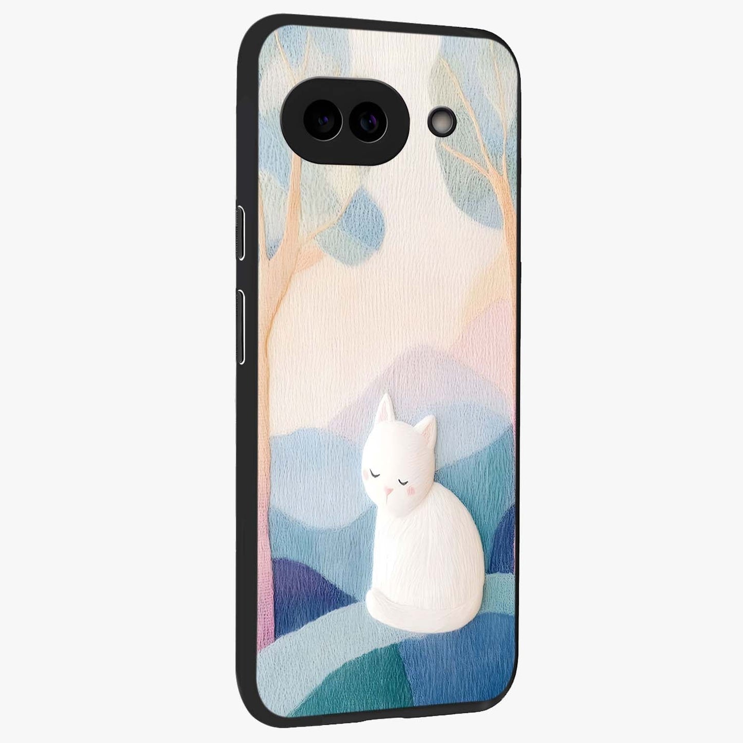 Cotton Dream Cat Glass Case upright view showcasing charming cat artwork with cozy dreamy theme.