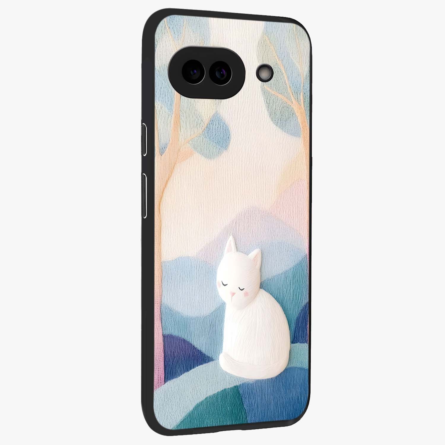 Cotton Dream Cat Glass Case upright view showcasing charming cat artwork with cozy dreamy theme.
