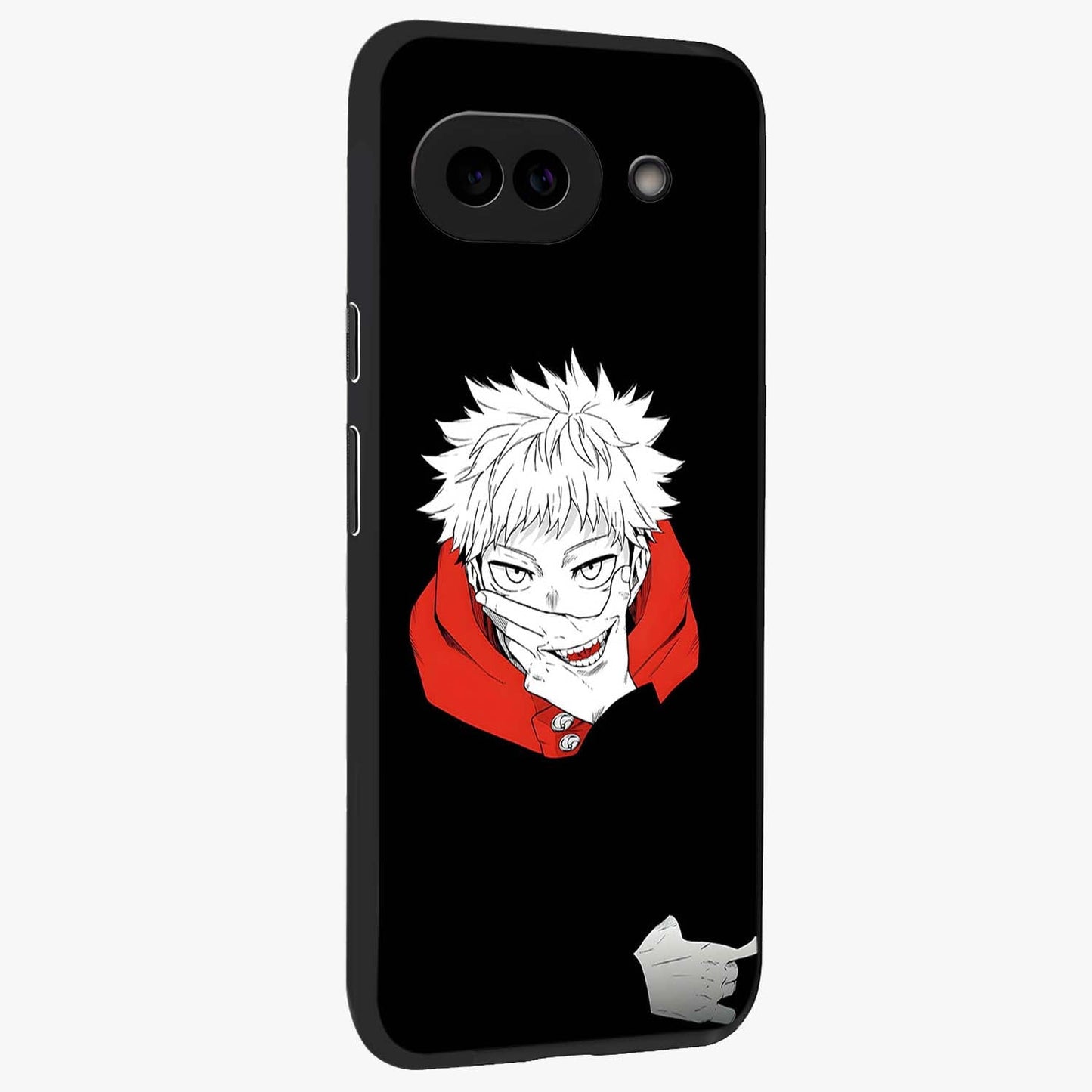 Crimson Chaos Smile Glass Case upright view showcasing expressive chaotic artwork with striking visual theme.