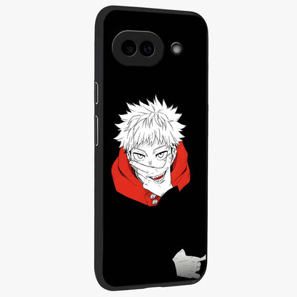 Crimson Chaos Smile Glass Case upright view showcasing expressive chaotic artwork with striking visual theme.